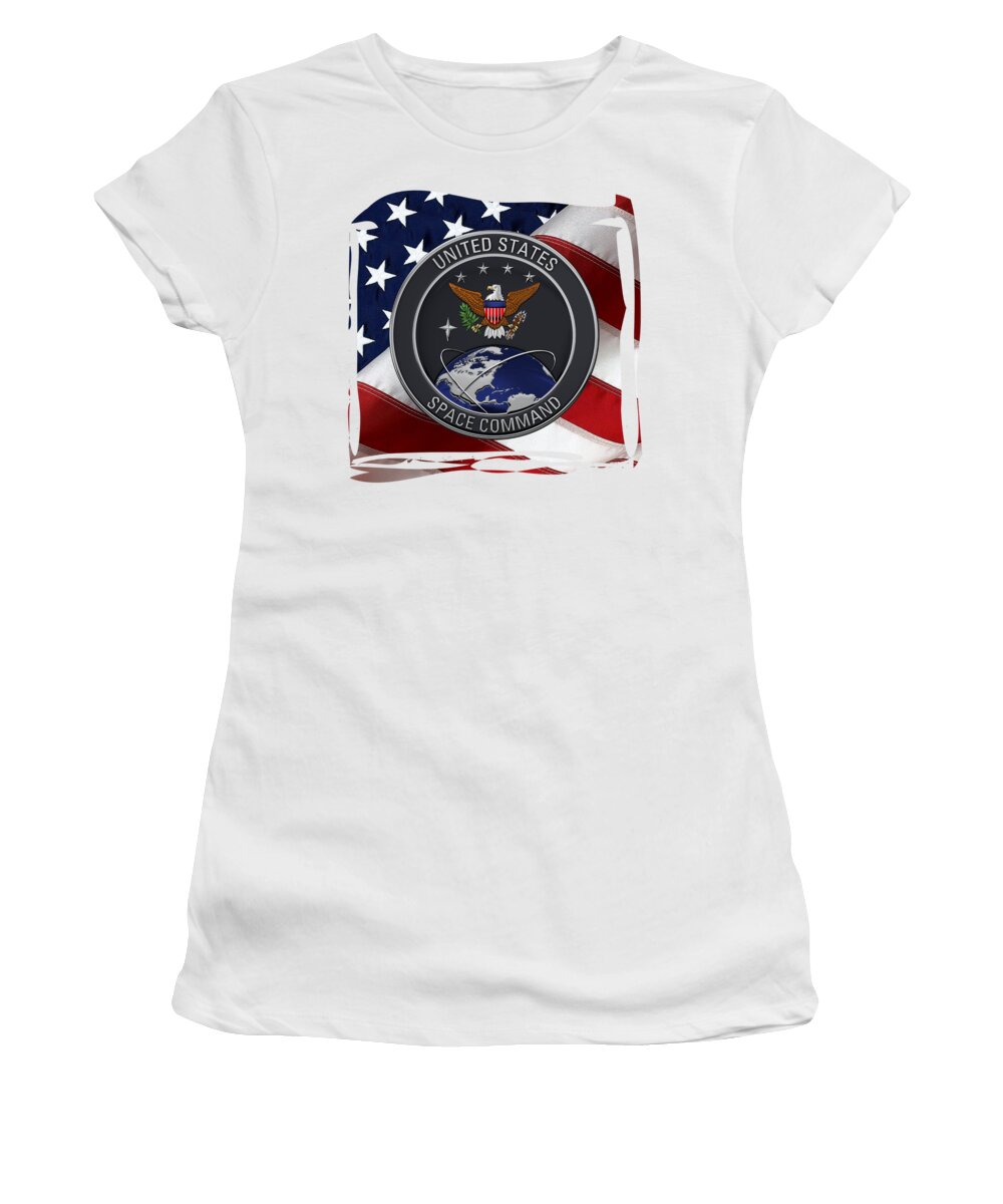 'military Insignia & Heraldry’ Collection By Serge Averbukh Women's T-Shirt featuring the digital art United States Space Command - U S S P A C E C O M Emblem over American Flag by Serge Averbukh