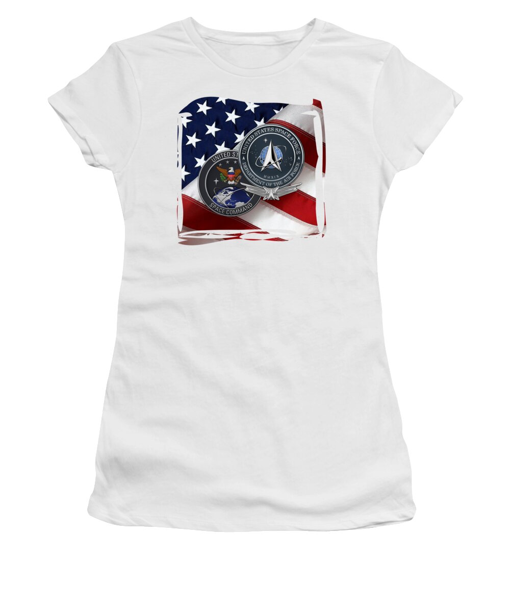 'military Insignia & Heraldry’ Collection By Serge Averbukh Women's T-Shirt featuring the digital art United States Space Force - USSF and USSPACECOM Seals with AFSB over American Flag by Serge Averbukh