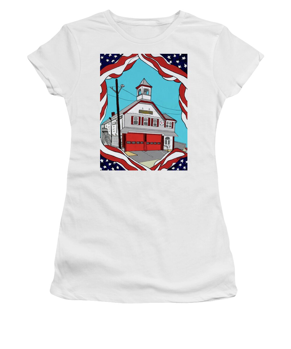 Valley Stream Fire House Fire Dept. Women's T-Shirt featuring the painting Valley Stream Corona Ave. Fire House by Mike Stanko