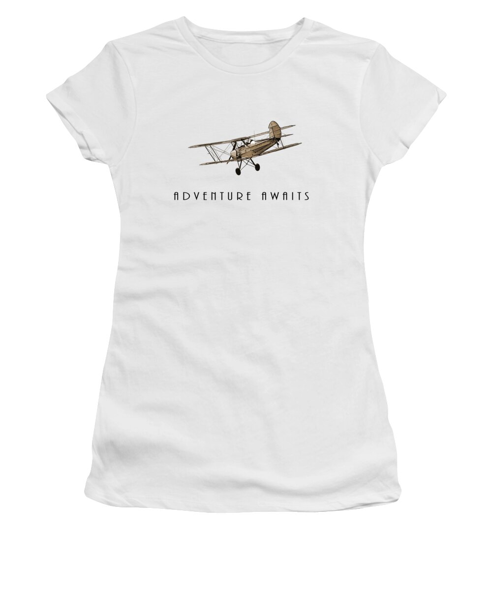 Travel Women's T-Shirt featuring the drawing Adventure awaits, vintage airplane by Delphimages Map Creations