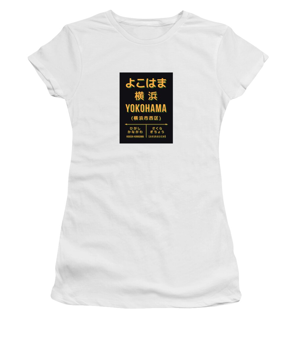 Japan Women's T-Shirt featuring the digital art Vintage Japan Train Station Sign - Yokohama Black by Organic Synthesis
