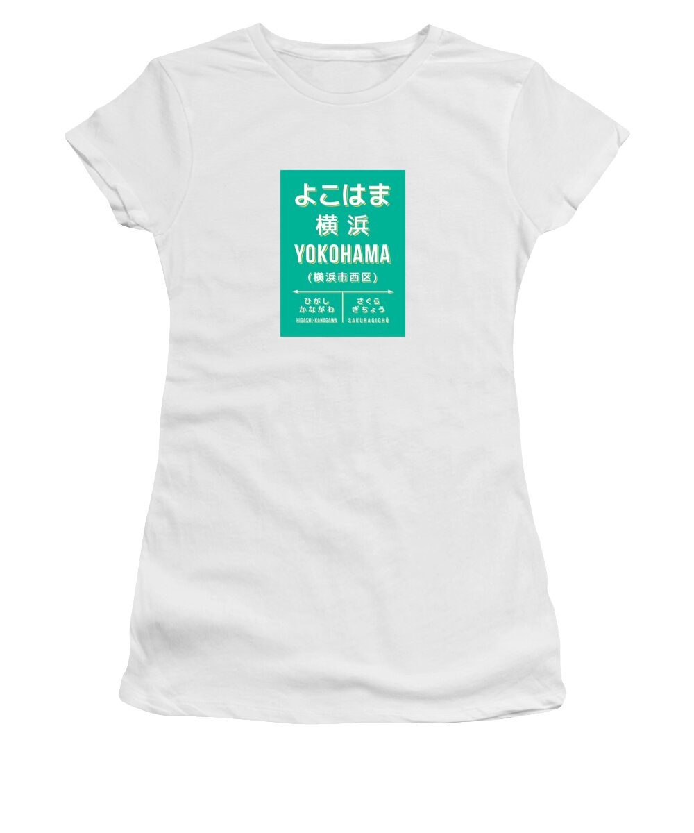 Japan Women's T-Shirt featuring the digital art Vintage Japan Train Station Sign - Yokohama Green by Organic Synthesis