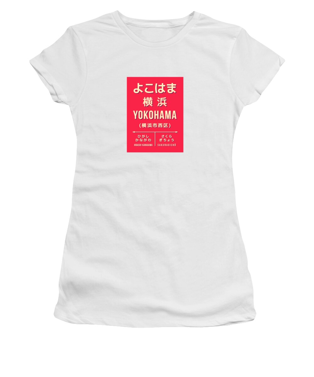 Japan Women's T-Shirt featuring the digital art Vintage Japan Train Station Sign - Yokohama Red by Organic Synthesis