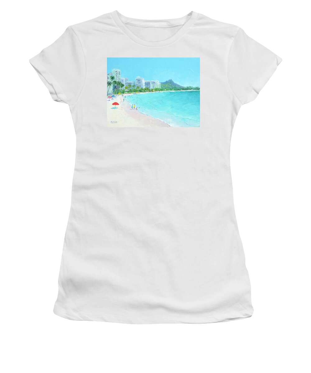 Beach Women's T-Shirt featuring the painting Waikiki beach Honolulu Hawaii, beach scene impression by Jan Matson