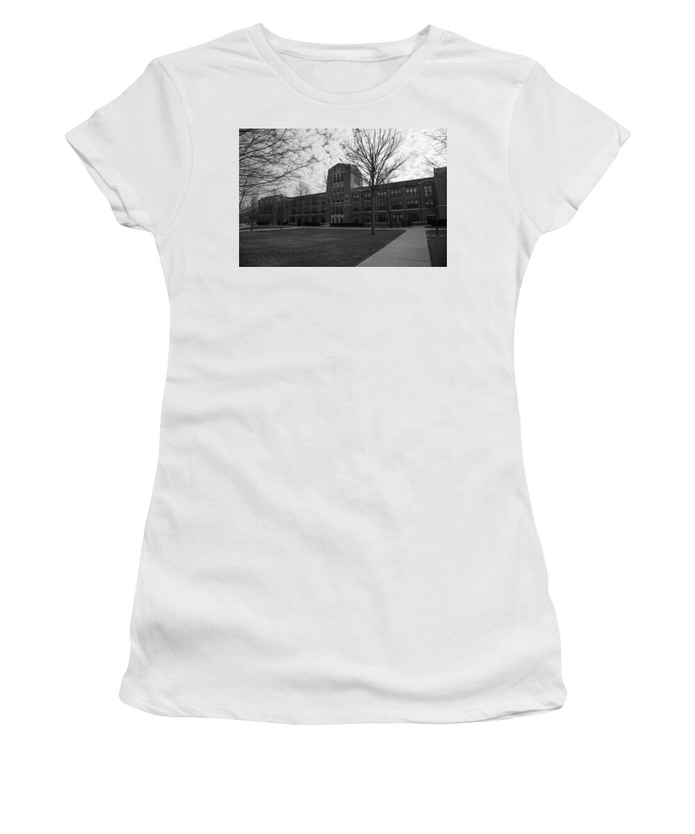 Central Michigan University Chippewas Women's T-Shirt featuring the photograph Warriner Hall at Central Michigan University black and white by Eldon McGraw