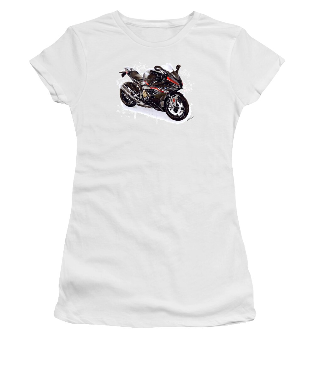 Sport Women's T-Shirt featuring the painting Watercolor Motorcycle BMW S1000RR black 2022 - original artwork by Vart. by Vart Studio