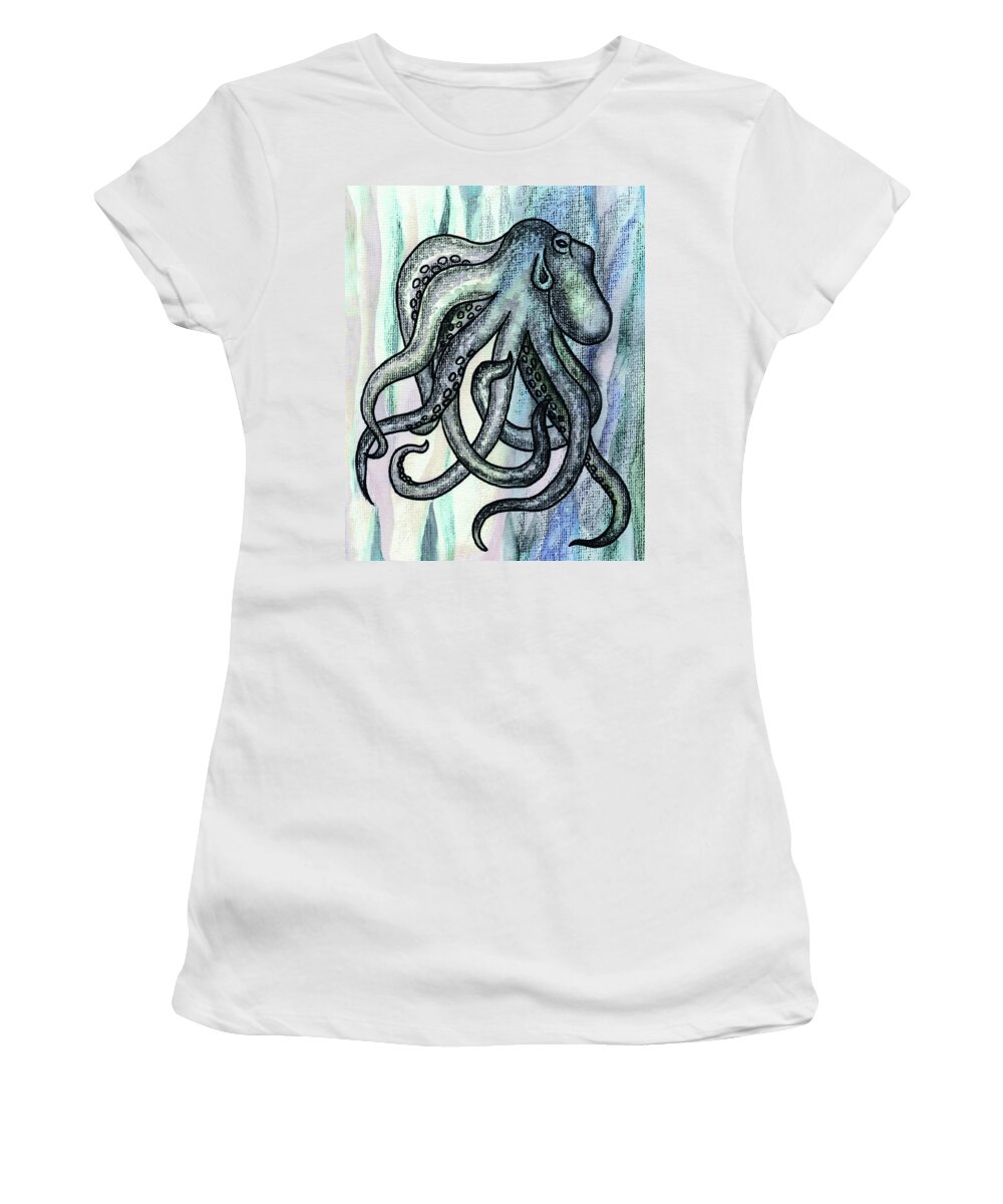 Octopus Women's T-Shirt featuring the painting Watercolor Octopus Beach Art Teal Blue Sea Creature by Irina Sztukowski