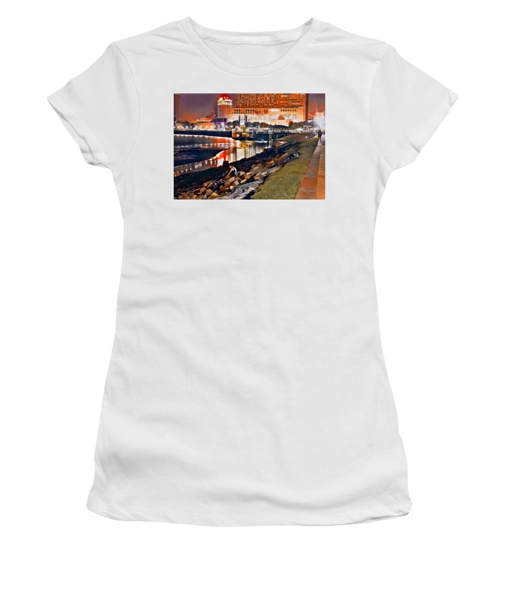 Nola Women's T-Shirt featuring the painting Waterfront New Orleans, Summer Night by Eyes Of CC