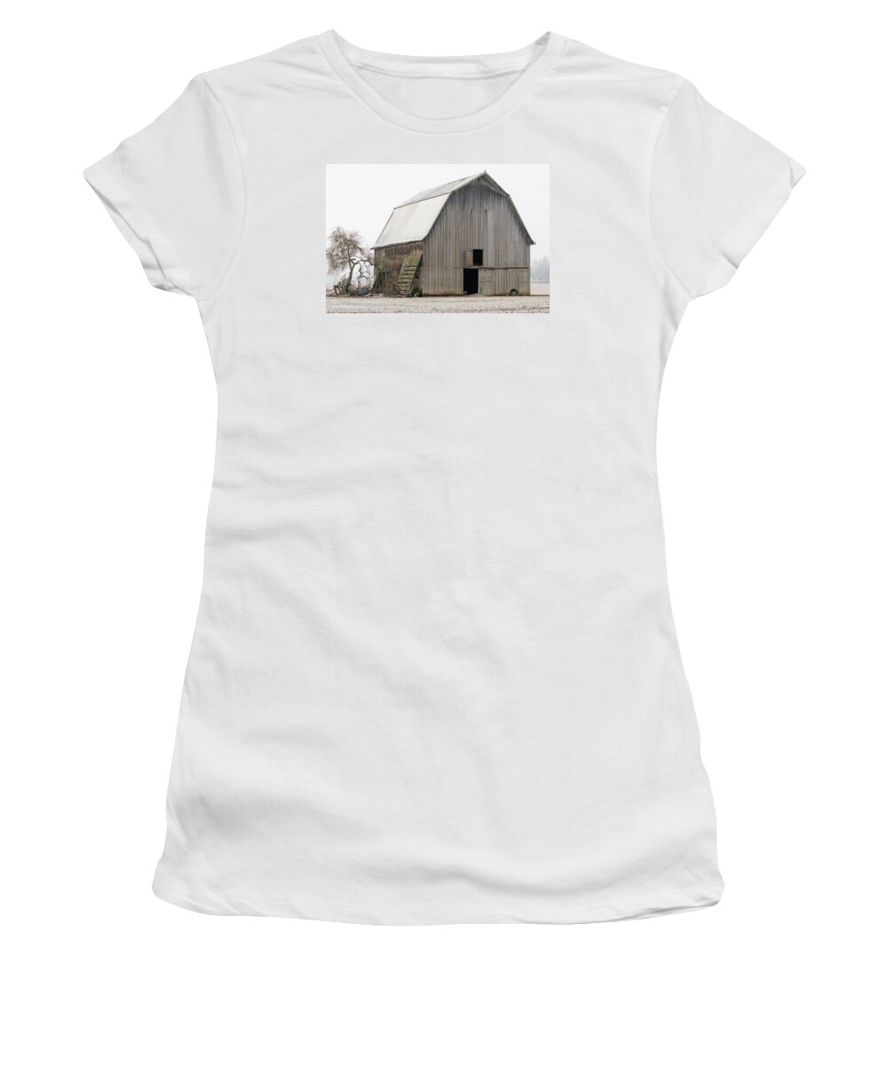 Weathered Women's T-Shirt featuring the photograph Weathered Barn in the Fog by Catherine Avilez