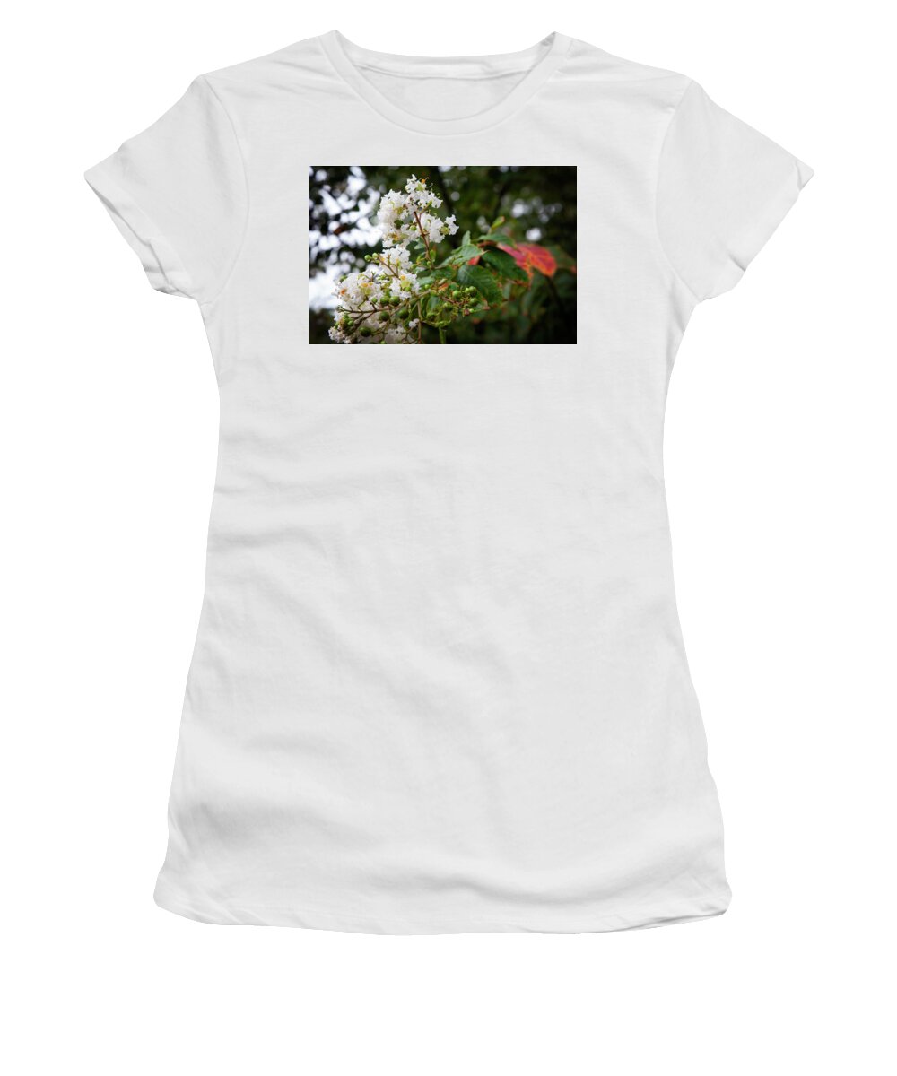 Garden Women's T-Shirt featuring the photograph White Crapemyrtle in Rain by Toni Hopper