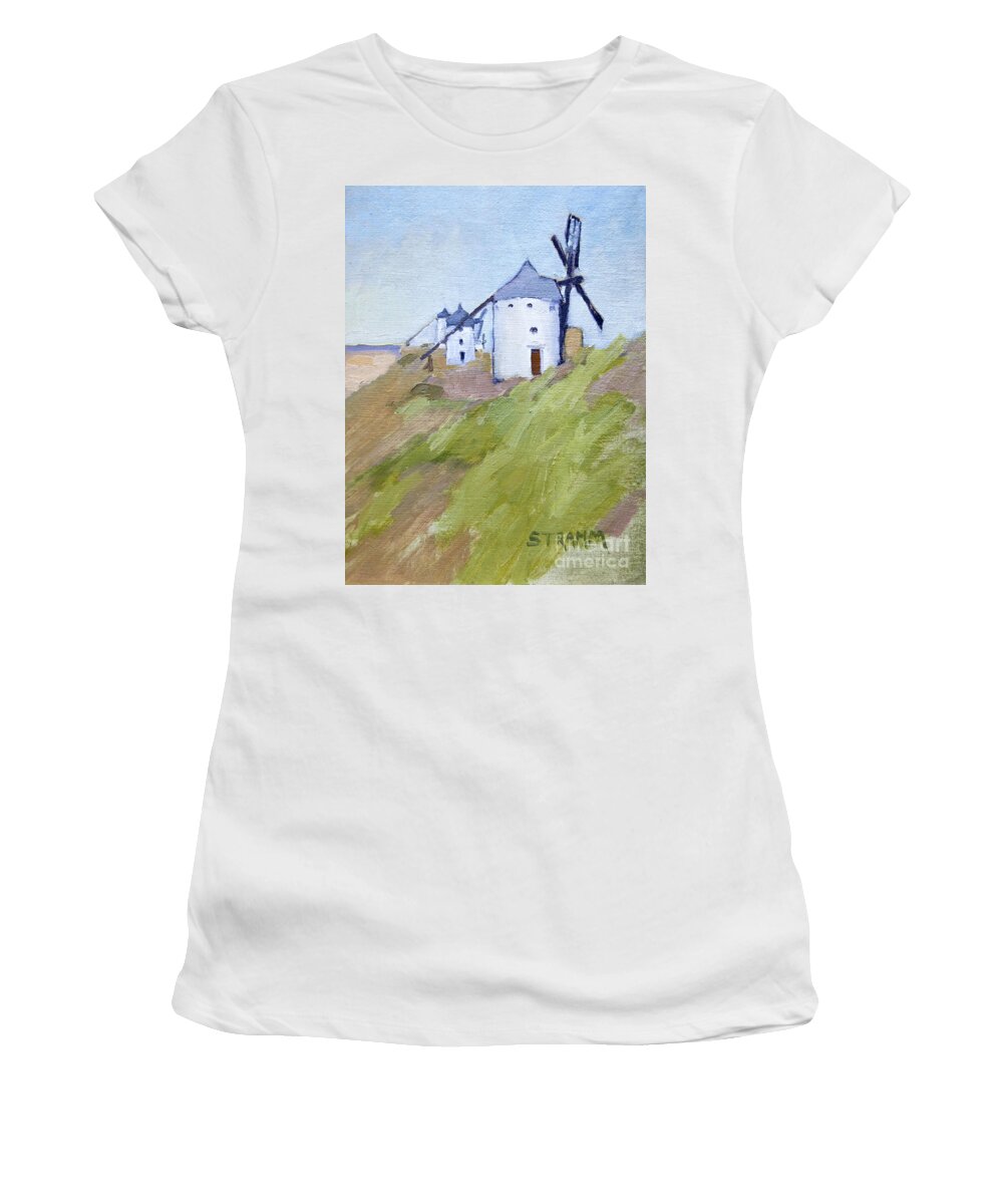 In The Middle Of Now Where Sits A Row Of 17th Century Windmills Resting Atop A Ridge Buffering The Eastern Valley From The Strong Winds Coming From The West. It Was Quite An Adventure To First Find Them Then Position My Self To Where I Was Able To Paint With Out All My Supplies Blowing Away. But I Did It! Women's T-Shirt featuring the painting Windmills of Consuegra, Spain by Paul Strahm