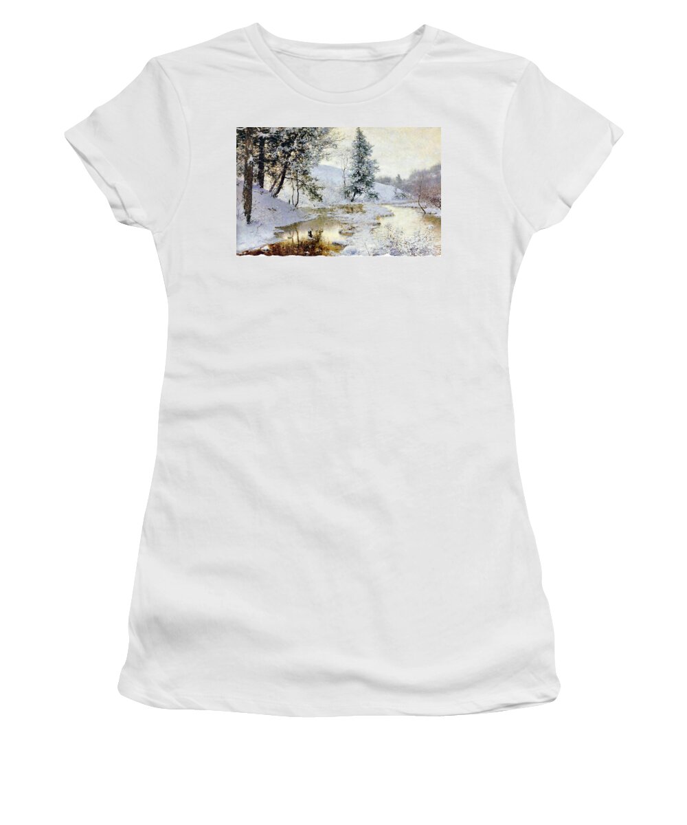 Winter Women's T-Shirt featuring the mixed media Winter Stream After A Snow by Sandi OReilly