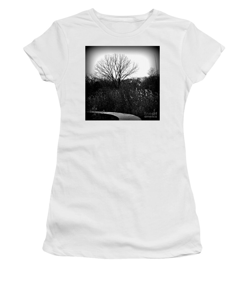 Tree Women's T-Shirt featuring the photograph Winter Tree And Bridge At Homewood Izaak Walton Preserve - Holga by Frank J Casella