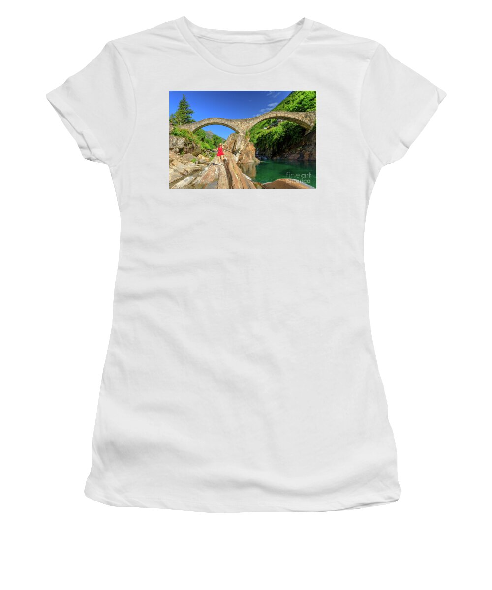 Switzerland Women's T-Shirt featuring the photograph woman running at Ponte dei Salti Bridge by Benny Marty