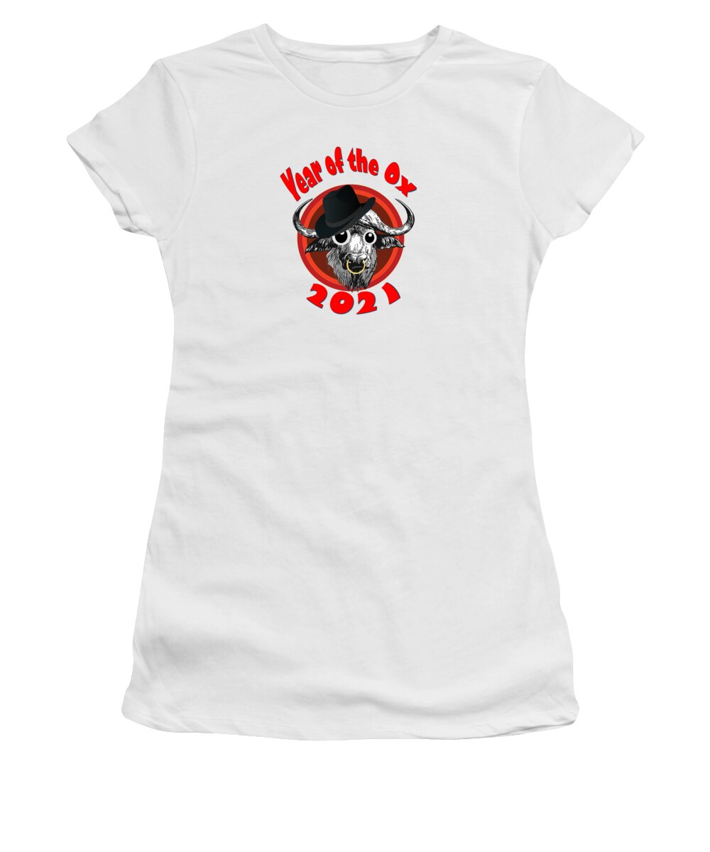 Ox Women's T-Shirt featuring the digital art Year of the Ox 2 with Googly Eyes, Hat, Nose Ring, Transparent Background by Ali Baucom