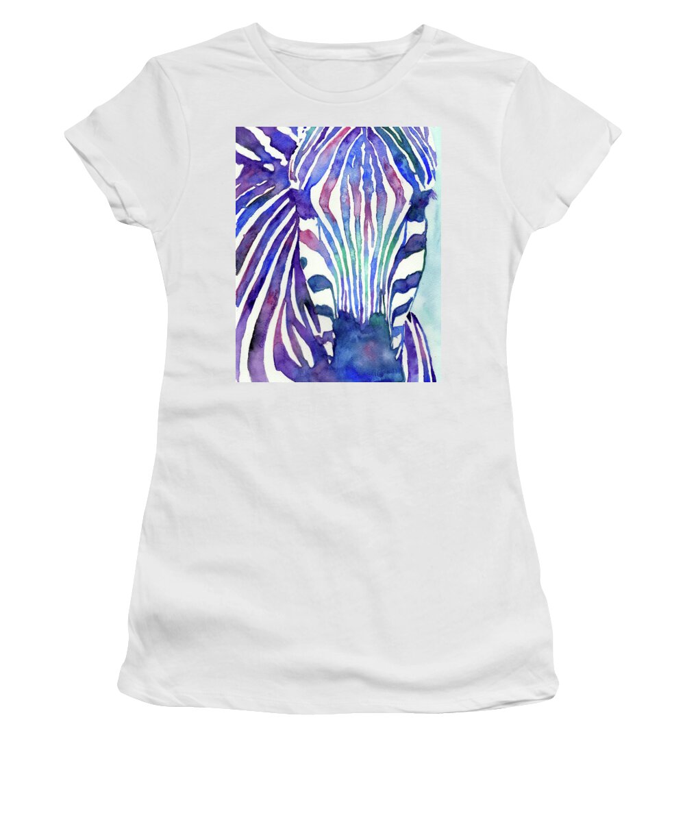 Zebra Women's T-Shirt featuring the painting Zebra in Blue by Wendy Keeney-Kennicutt