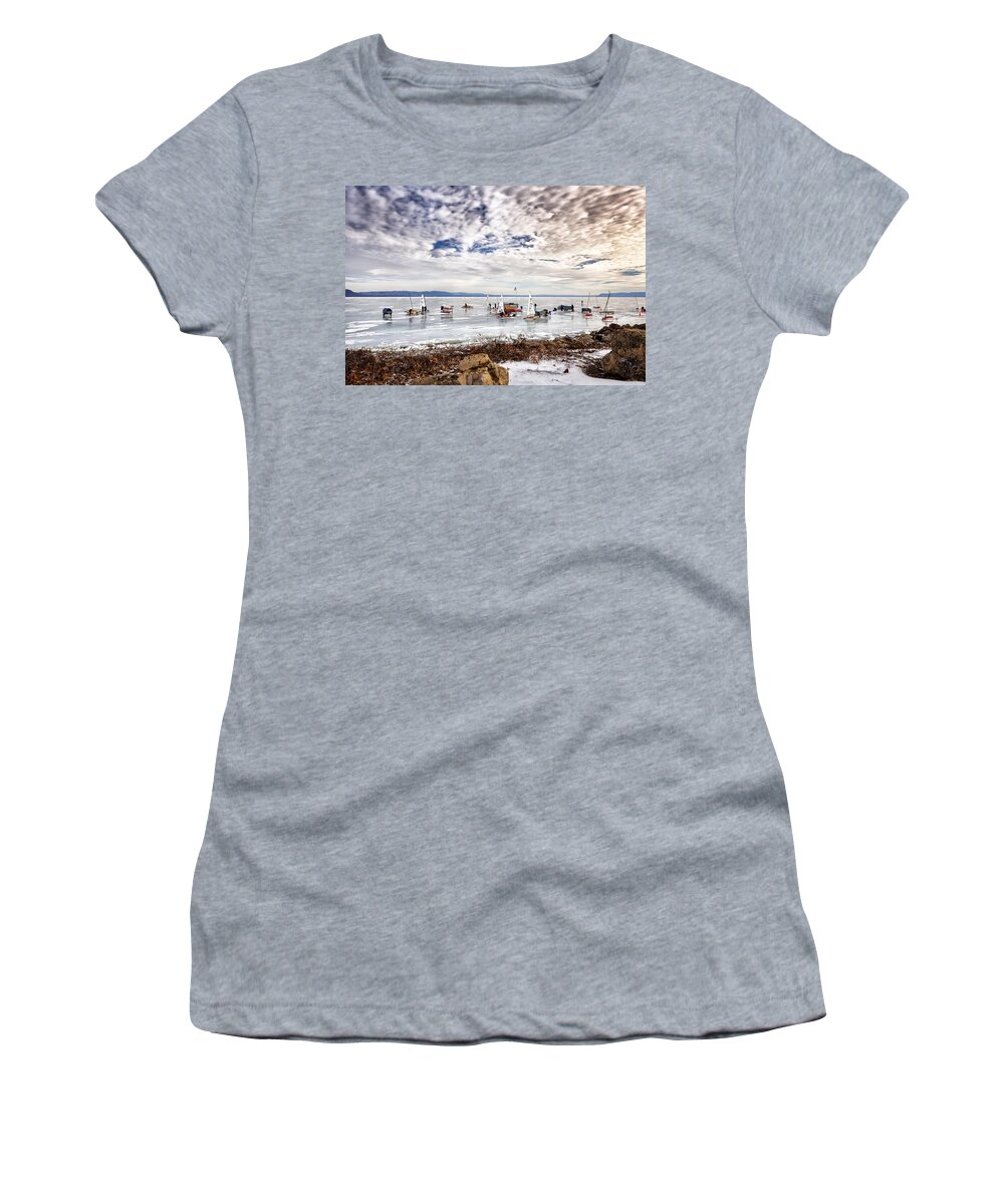 Ice Women's T-Shirt featuring the photograph Ice boats on Lake Pepin by Al Mueller