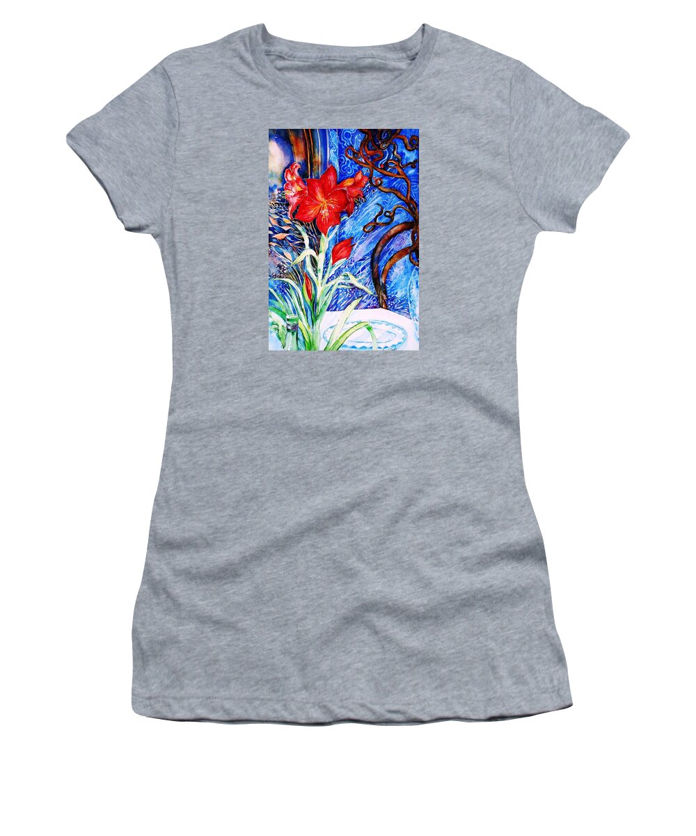 Still Life Women's T-Shirt featuring the painting Red Amaryllis by Trudi Doyle