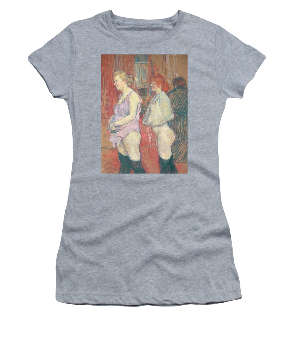 Female; Prostitute; Stocking; Nude; Half; Dressed; Provocative; Seductive; Side; View; Profile; Half; Length; Prostitution; Post-impressionist; Brothel Women's T-Shirt featuring the painting Rue des Moulins by Henri de Toulouse-Lautrec