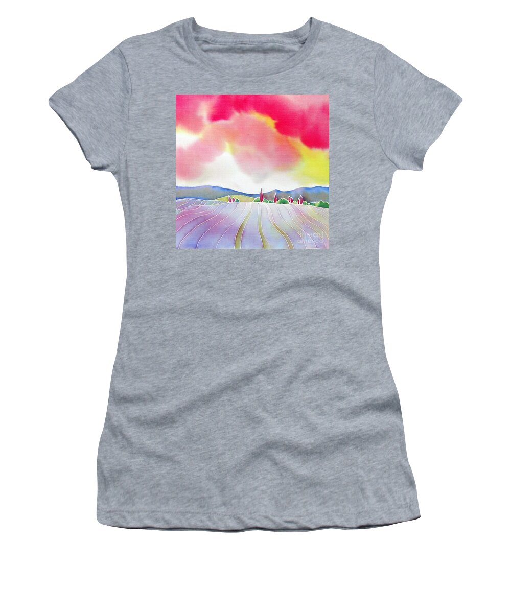 France Women's T-Shirt featuring the painting Sunset on the lavender farm by Hisayo OHTA