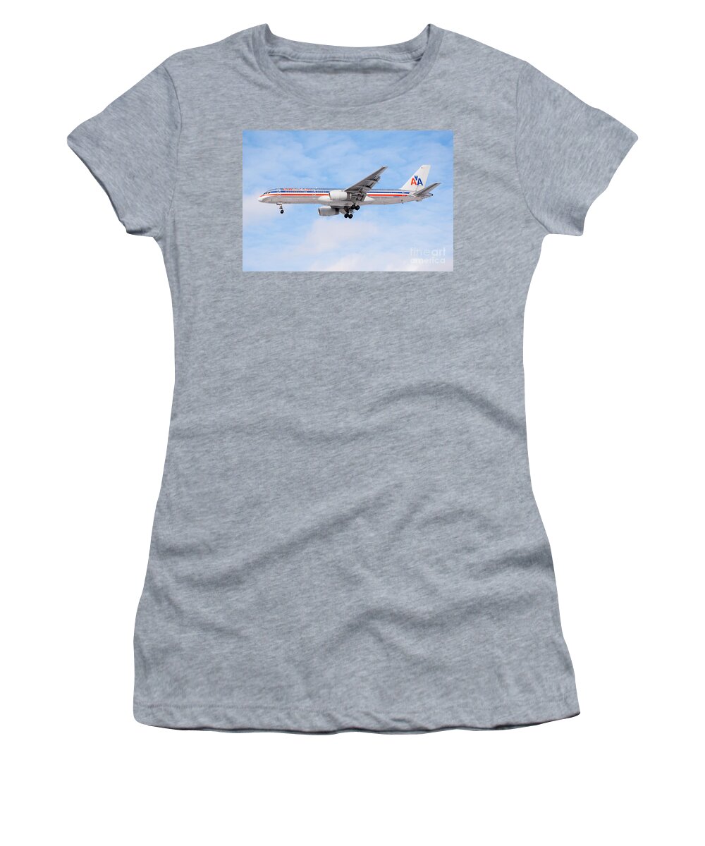 757 Women's T-Shirt featuring the photograph Amercian Airlines Boeing 757 Airplane Landing #2 by Paul Velgos