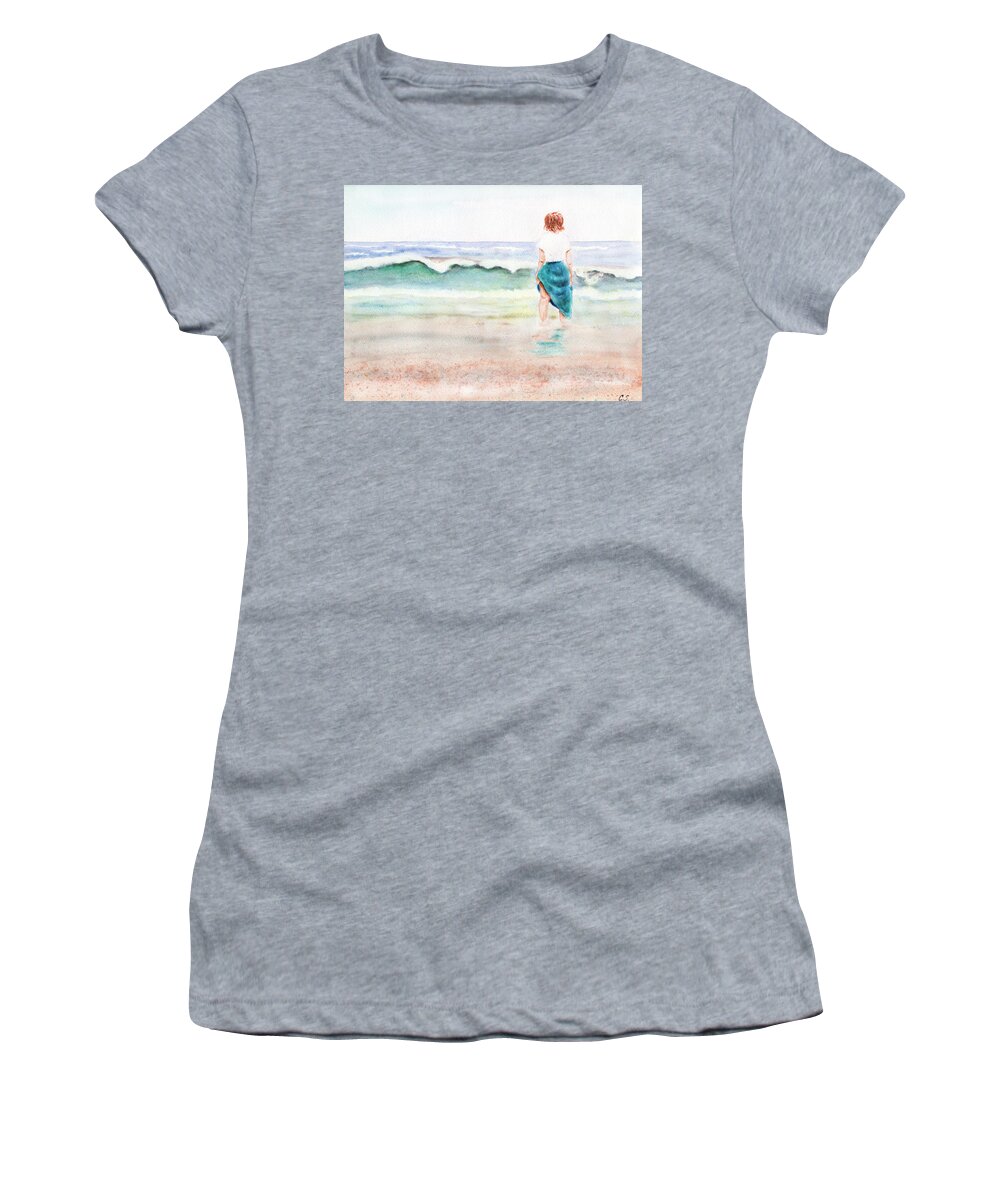 Beach Paintings Women's T-Shirt featuring the painting At the Beach #2 by C Sitton