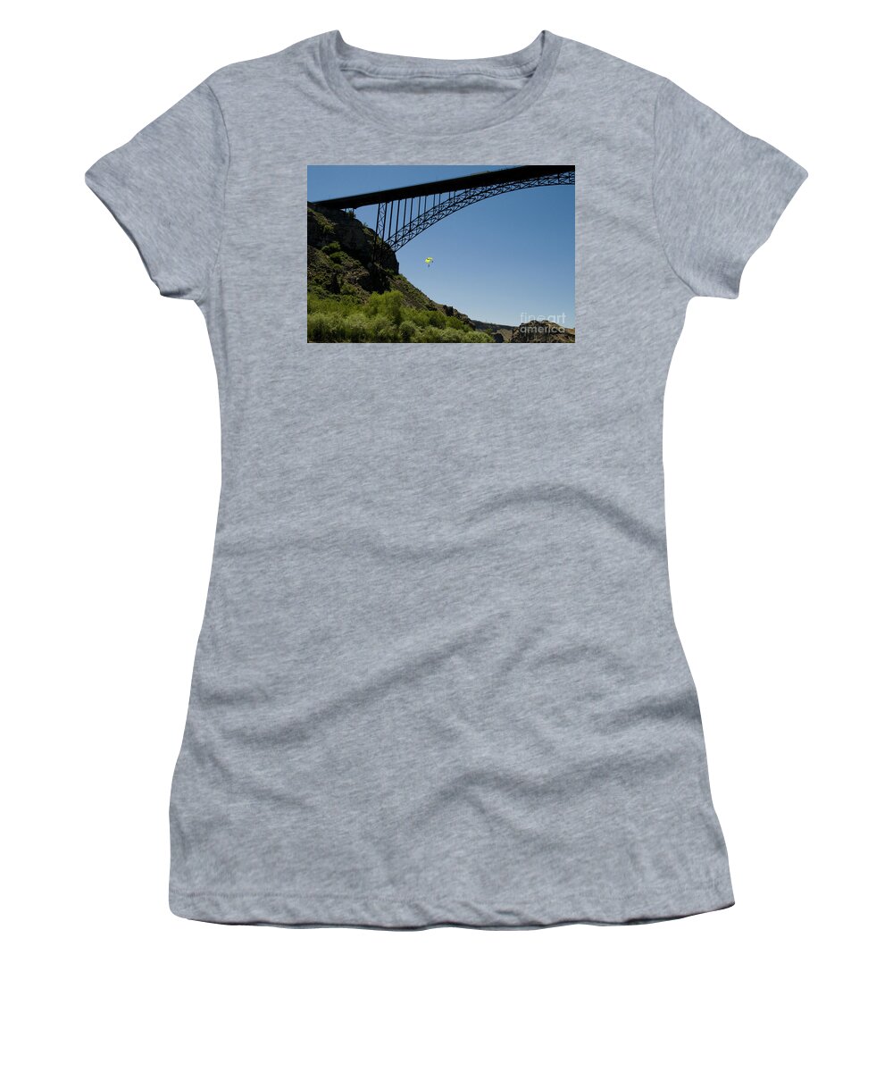 People Women's T-Shirt featuring the photograph Base Jumper, Perrine Bridge Id #1 by William H. Mullins