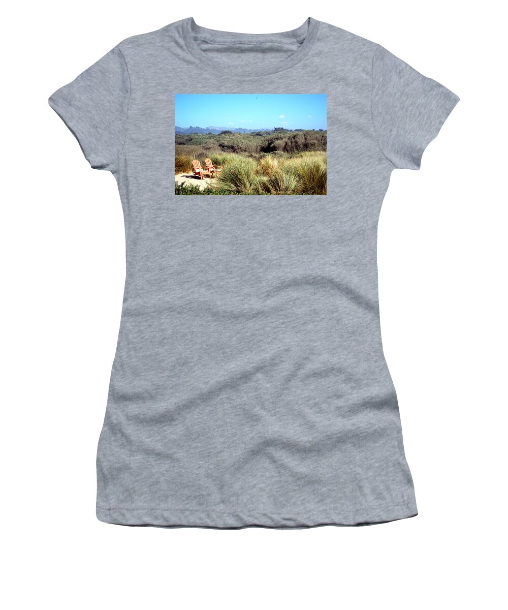 Barbara Snyder Women's T-Shirt featuring the photograph Beach Chairs With A View #1 by Barbara Snyder