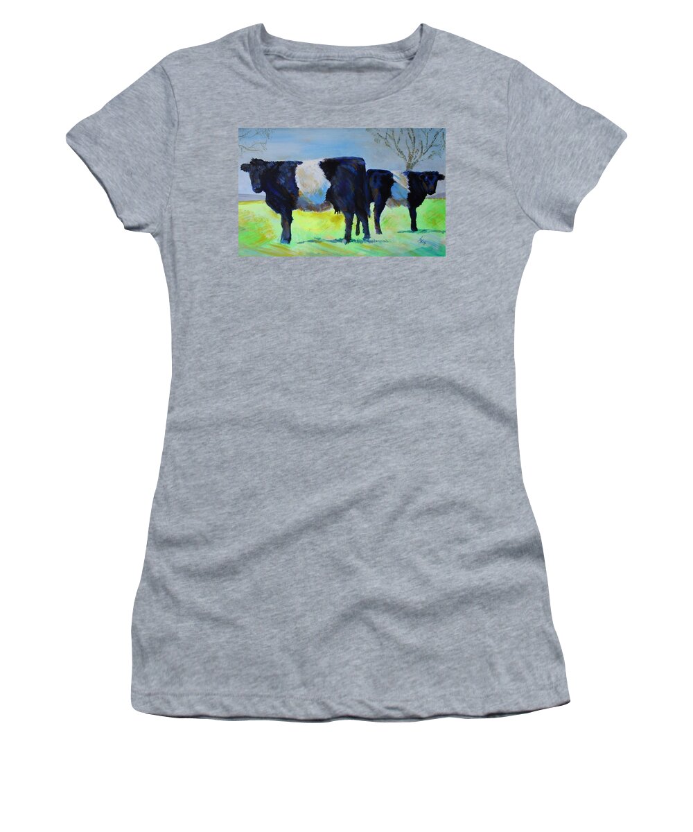 Belted Women's T-Shirt featuring the painting Belted Galloway Cow and Calf by Mike Jory
