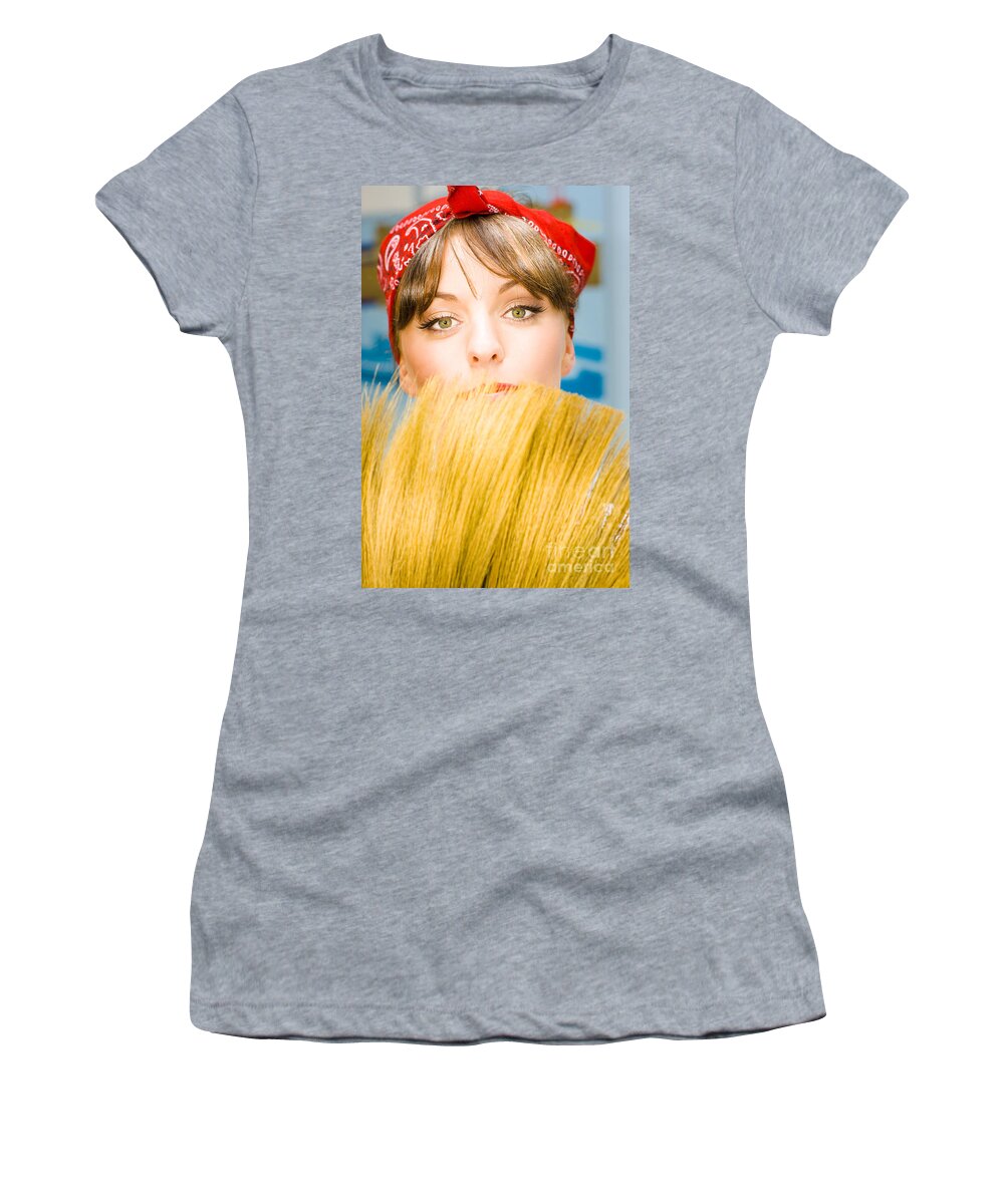 Pinup Women's T-Shirt featuring the photograph Cleaning by Jorgo Photography