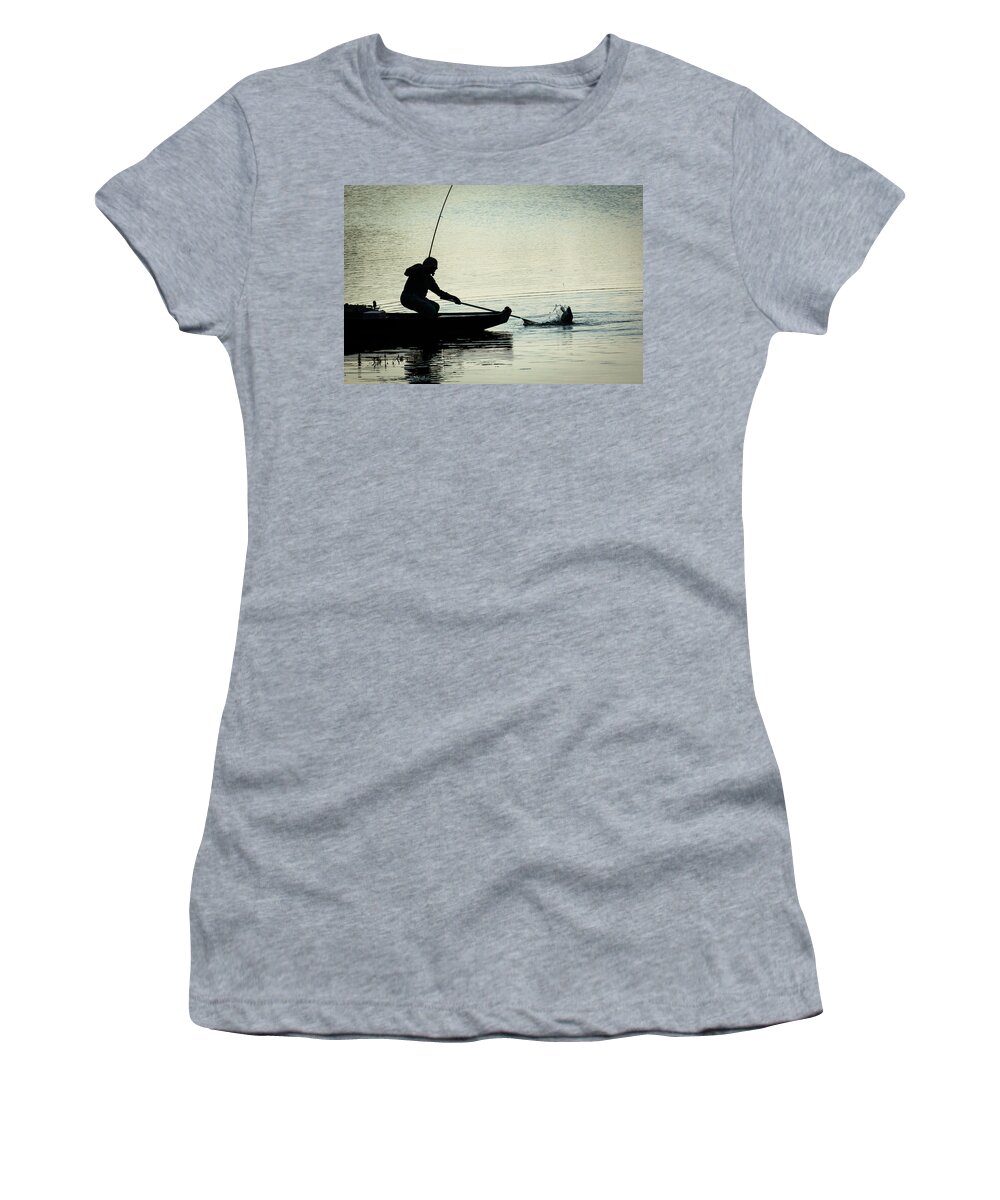 Fish Women's T-Shirt featuring the photograph Fisherman Catching Fish On A Twilight Lake by Andreas Berthold