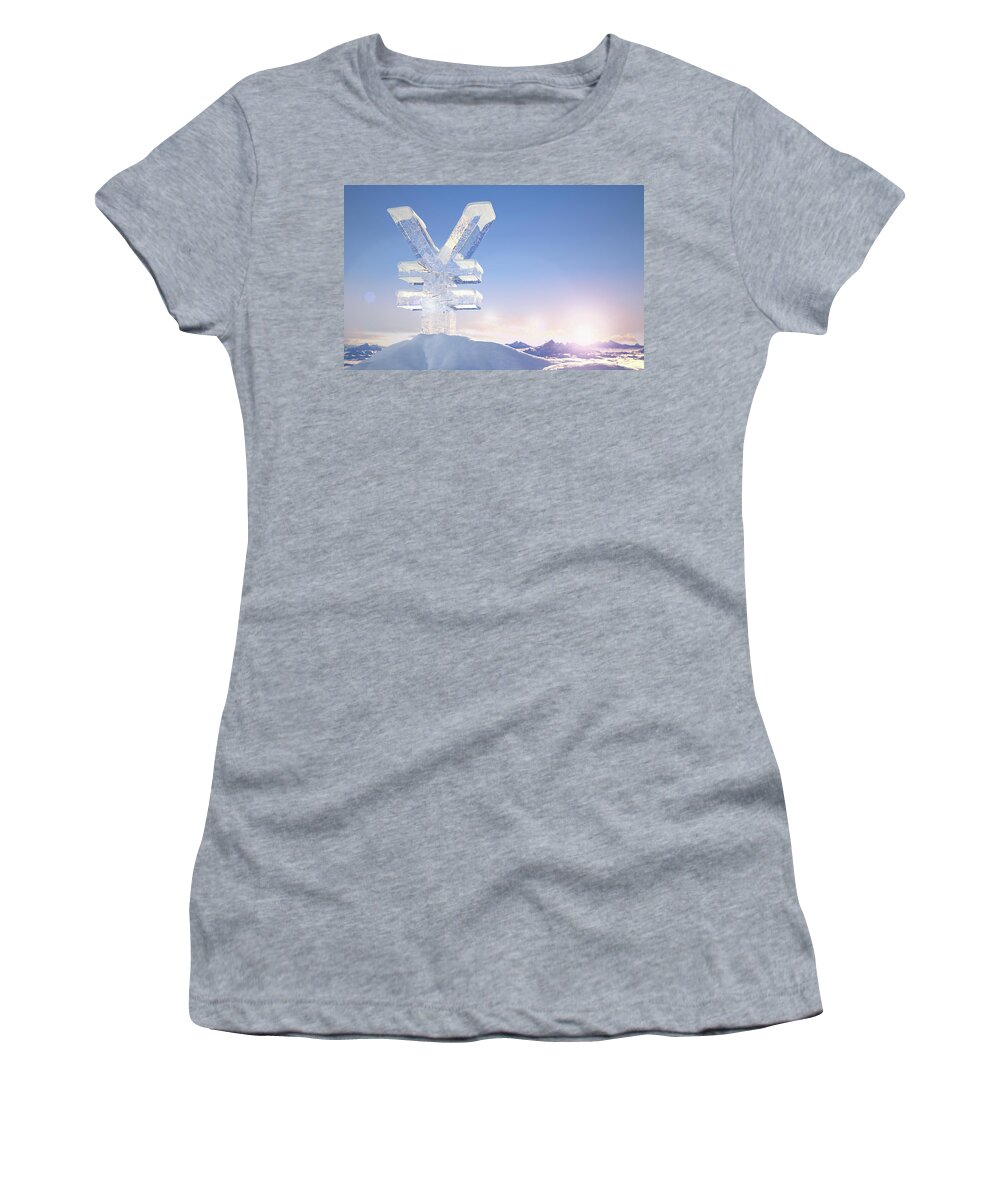 Blue Women's T-Shirt featuring the photograph Frozen Yen Sign On Top Of Mountain Peak #1 by Ikon Ikon Images