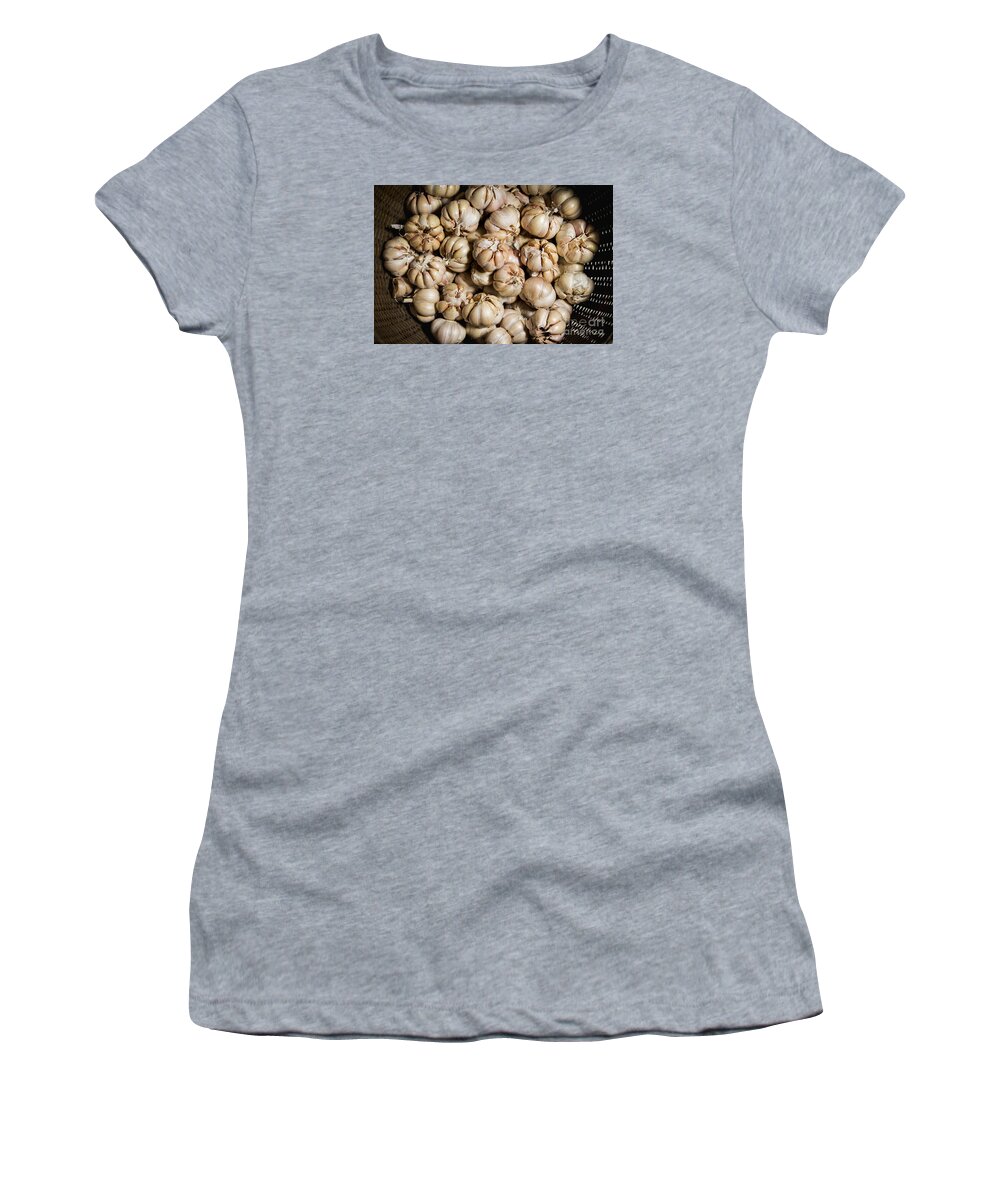 Garlic Women's T-Shirt featuring the photograph Garlic In a basket. #1 by Suriya Chuesuwan