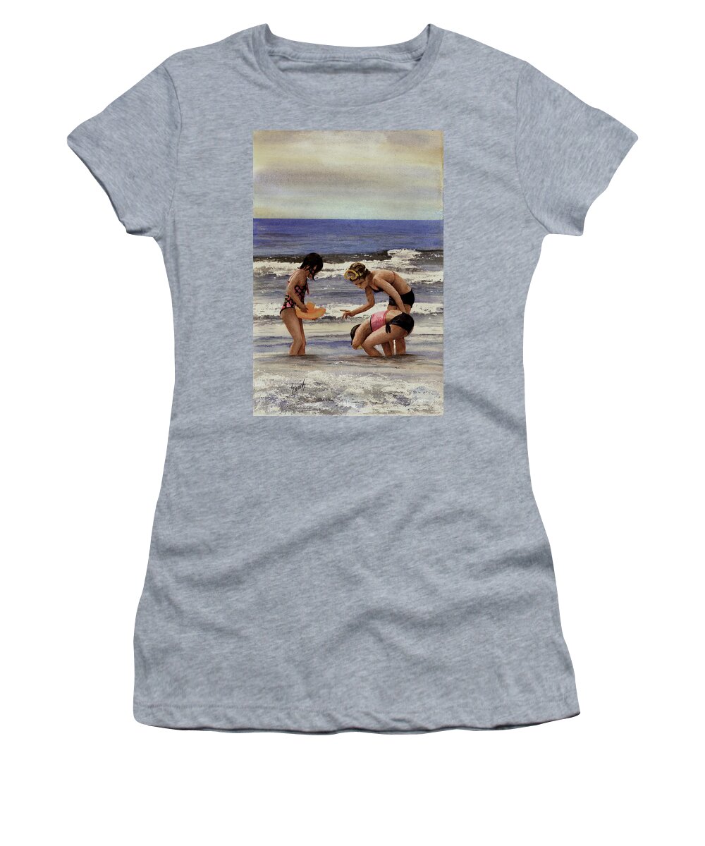 Beach Women's T-Shirt featuring the painting Girls At The Beach #1 by Sam Sidders