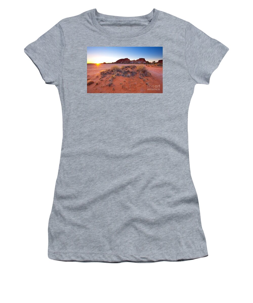 Rainbow Valley Sunrise Outback Landscape Central Australia Water Hole Northern Territory Australian Clay Pan Women's T-Shirt featuring the photograph Rainbow Valley sunrise #4 by Bill Robinson