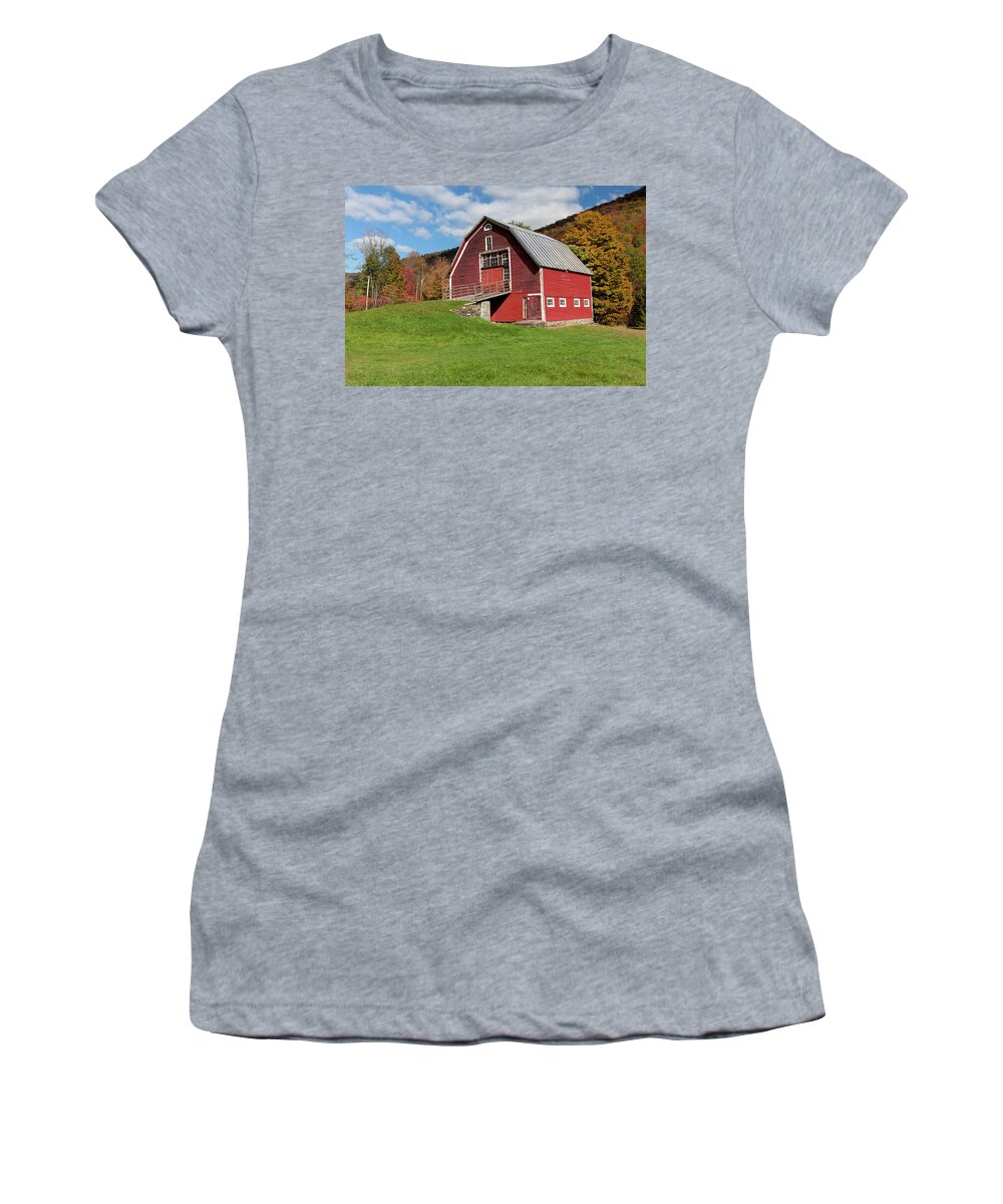 Autumn Women's T-Shirt featuring the photograph Red Barn With Blue Sky Along Route 100 #1 by Jenna Szerlag