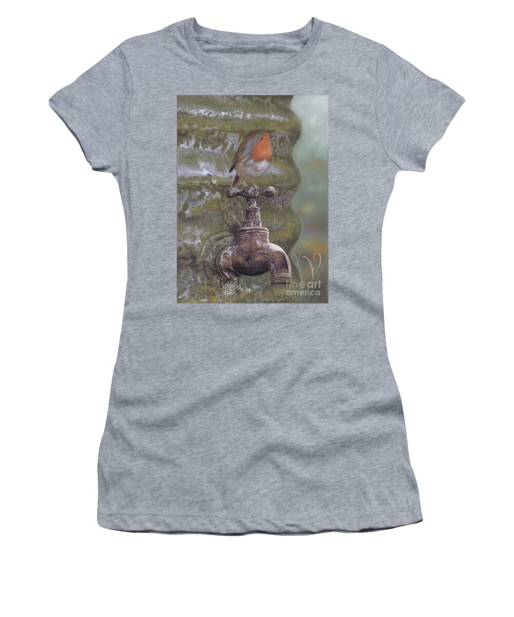Robin Women's T-Shirt featuring the pastel The Constant Gardener #2 by Karie-Ann Cooper