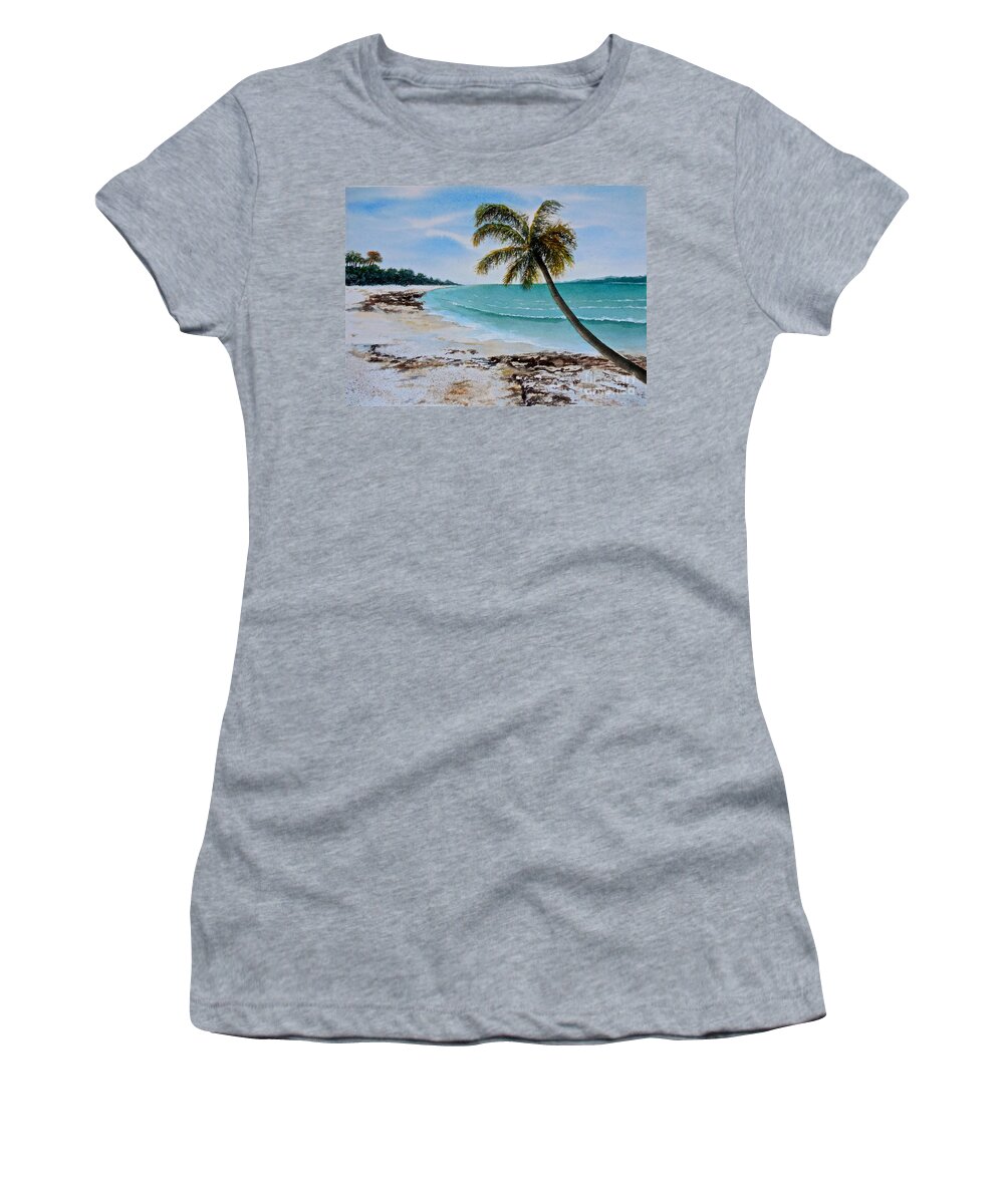 Water Colour Seascape Painting On Paper Of A Beach In Zanzibar Women's T-Shirt featuring the painting West of Zanzibar by Sher Nasser