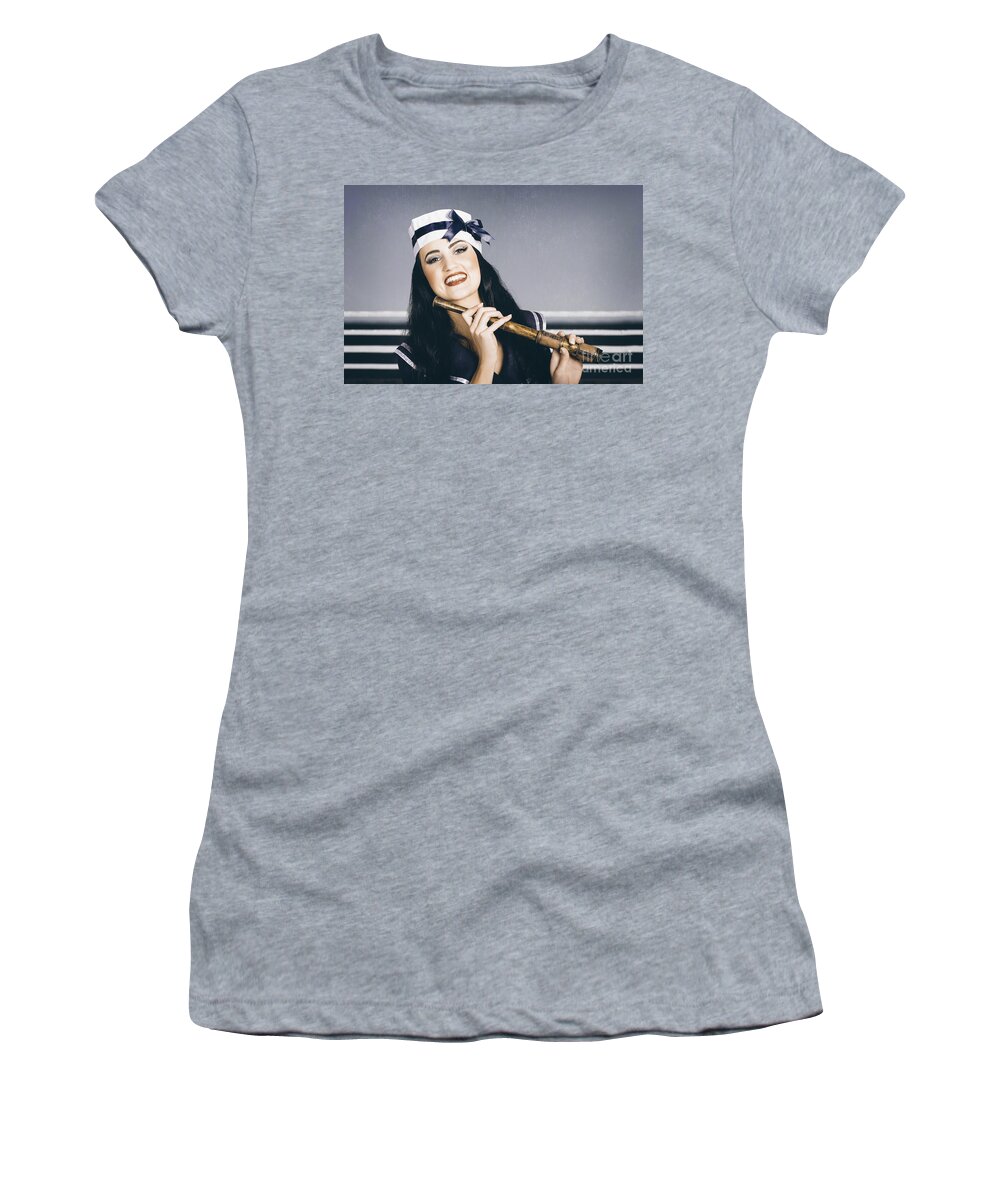 Girl Women's T-Shirt featuring the photograph Young vintage sailor girl looking out to sea by Jorgo Photography