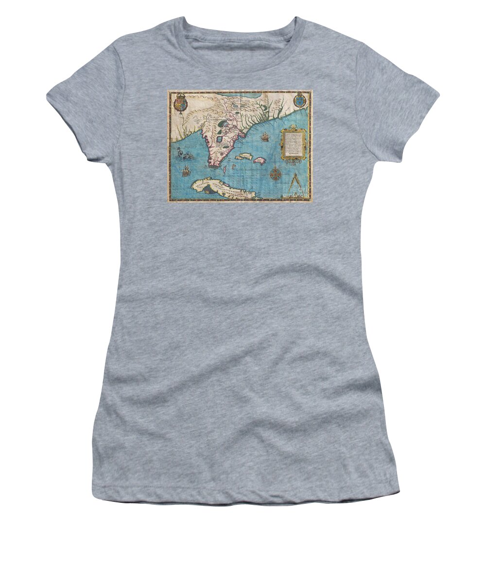 The Most Remarkable And Important Map Women's T-Shirt featuring the photograph 1591 De Bry and Le Moyne Map of Florida and Cuba by Paul Fearn