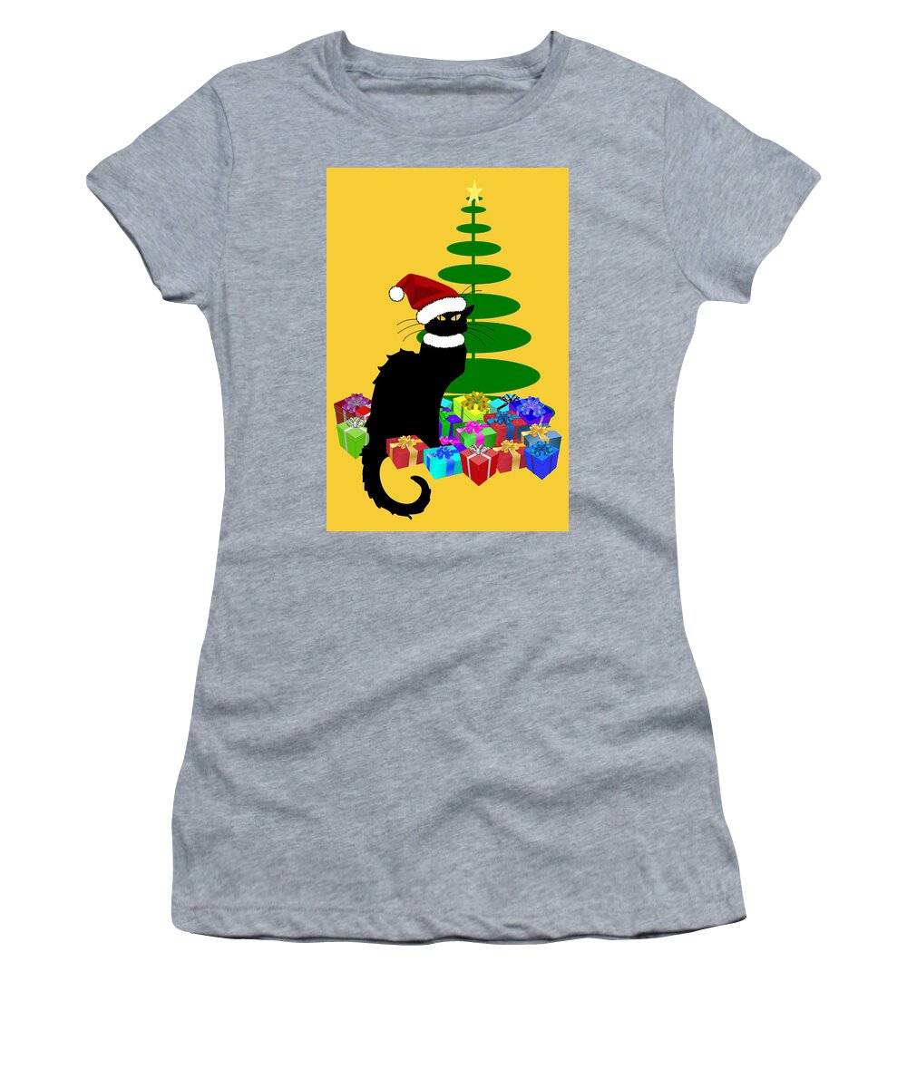 Le Chat Noir Women's T-Shirt featuring the mixed media Christmas Le Chat Noir With Santa Hat #2 by Gravityx9  Designs