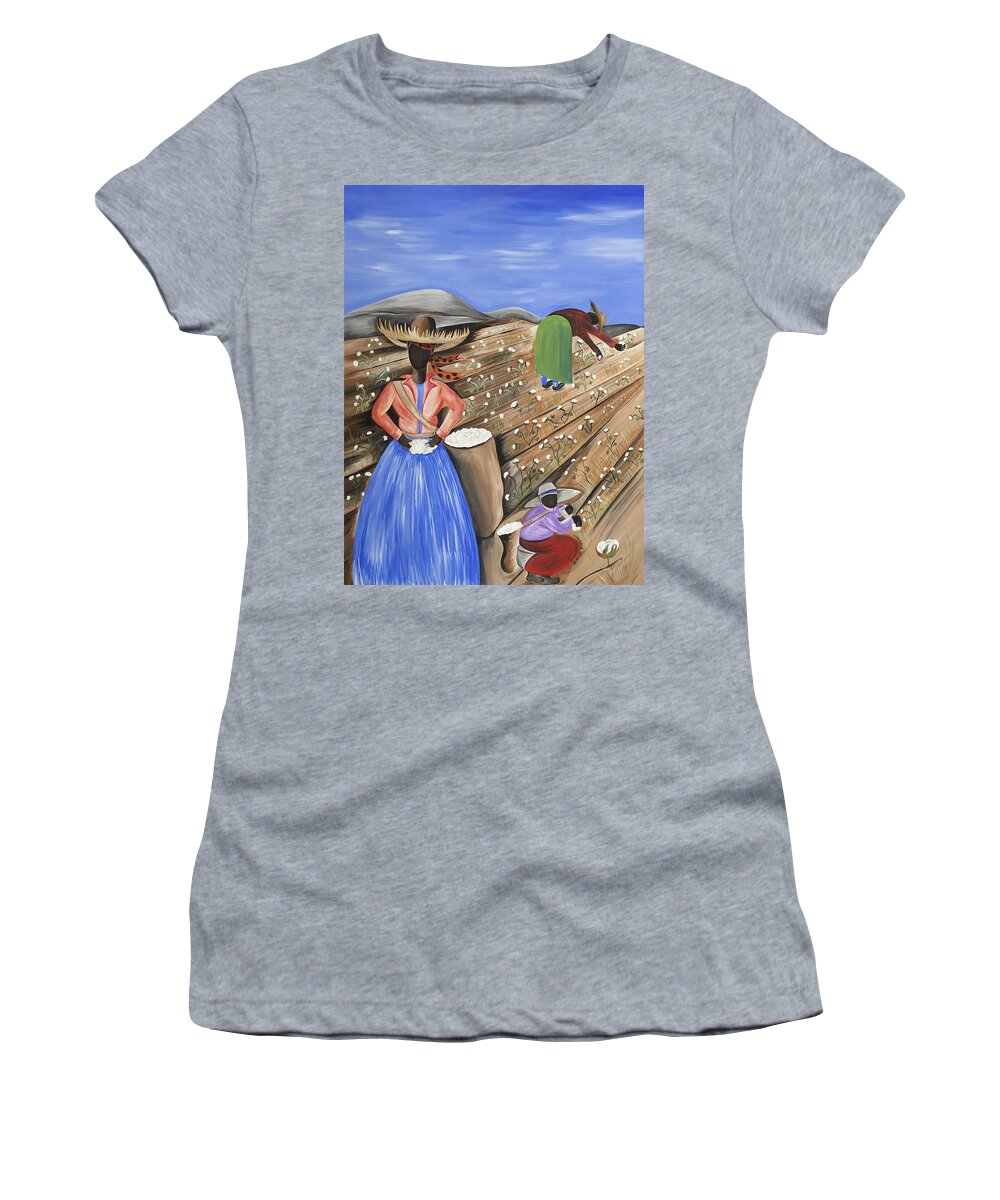 Gullah Art Women's T-Shirt featuring the painting Cotton Pickin' Cotton by Patricia Sabreee