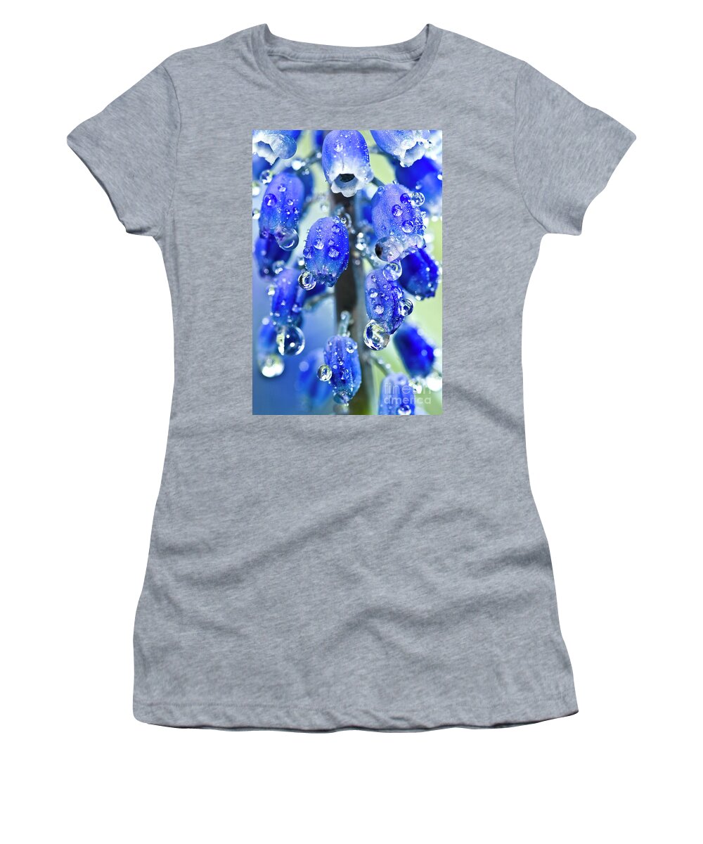 Blue Women's T-Shirt featuring the photograph Grape hyacinth muscari after the shower #2 by Heiko Koehrer-Wagner