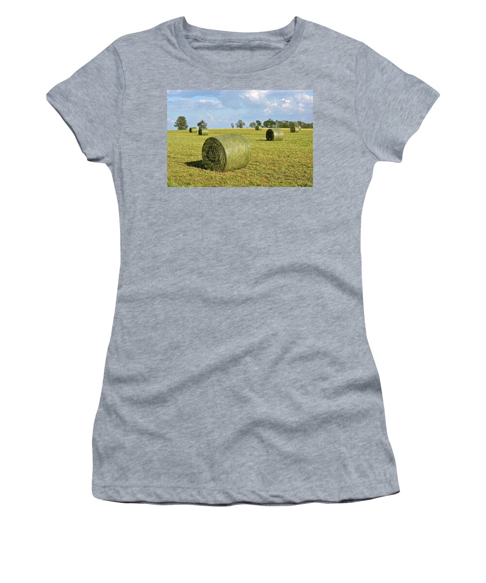 Amish Women's T-Shirt featuring the photograph Hay Bales In Spring #2 by Tana Reiff