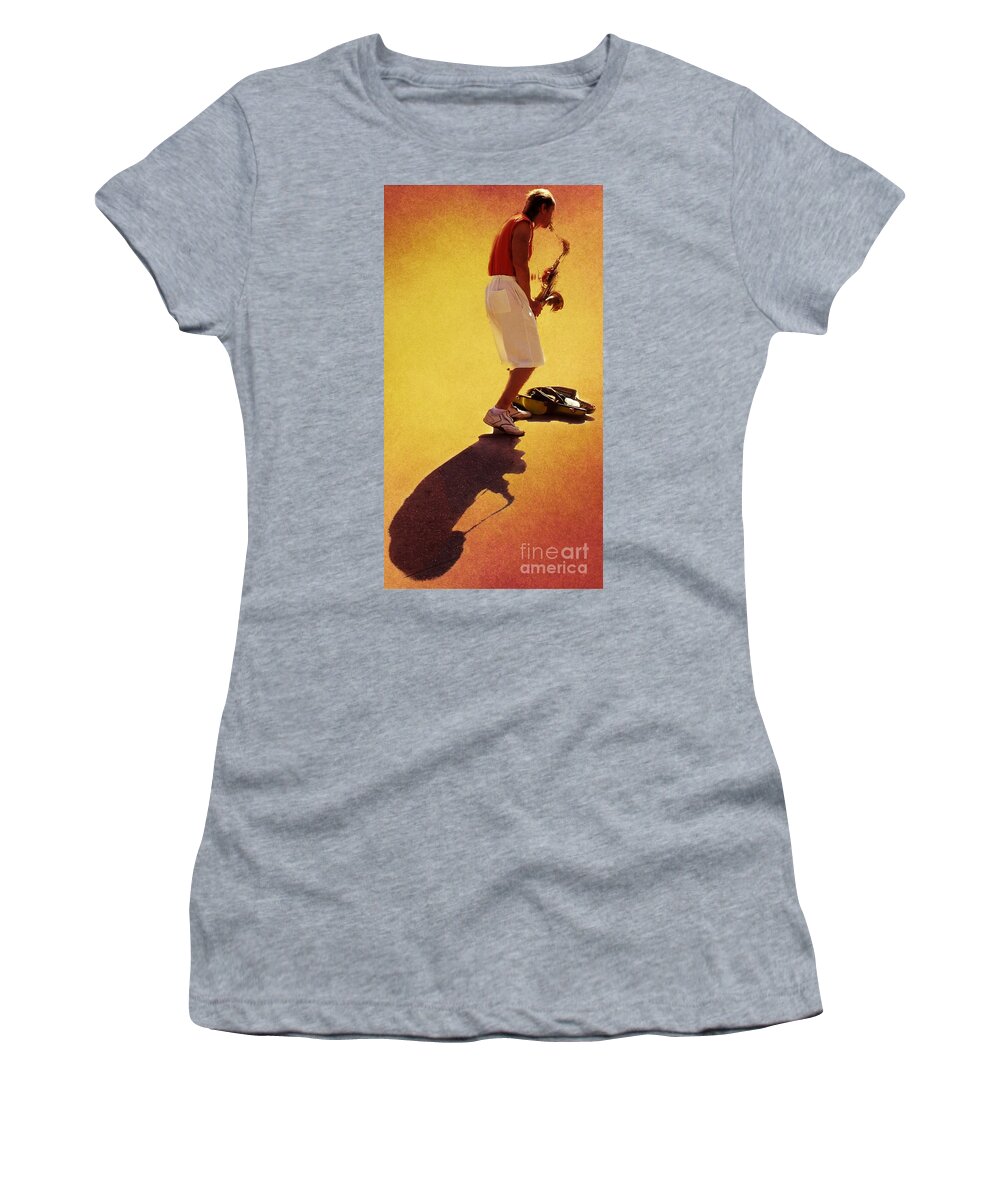 Sax Women's T-Shirt featuring the photograph Shadow of a Music Man #2 by Lilliana Mendez
