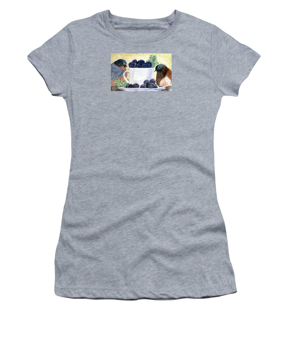 Bluebirds Women's T-Shirt featuring the painting The Temptation Of Blueberries by Angela Davies