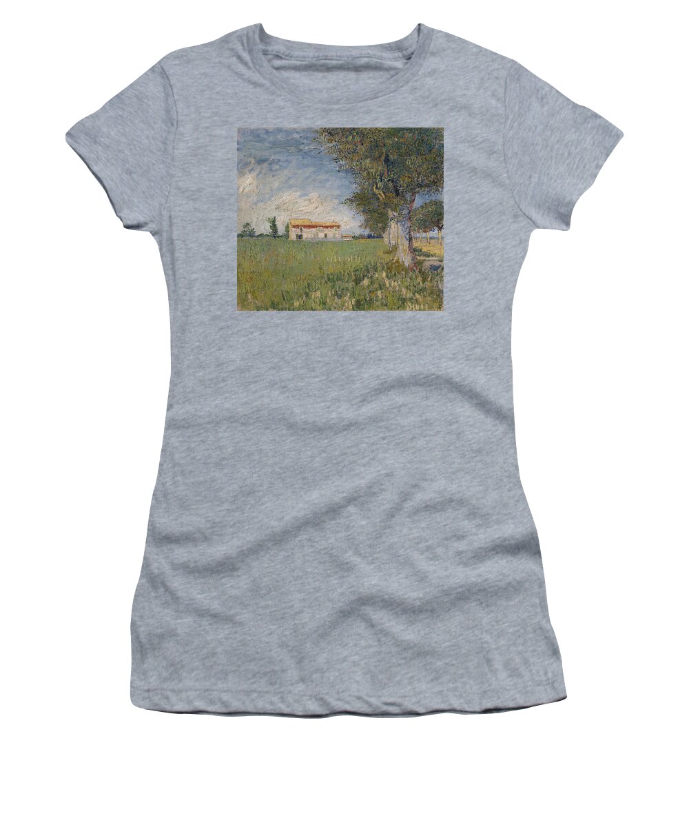 Vincent Van Gogh Women's T-Shirt featuring the painting Farmhouse In A Wheat Field #3 by Vincent Van Gogh