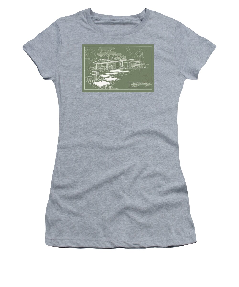 Mid Century Women's T-Shirt featuring the drawing 301 Cypress Drive - Moss green by Larry Hunter