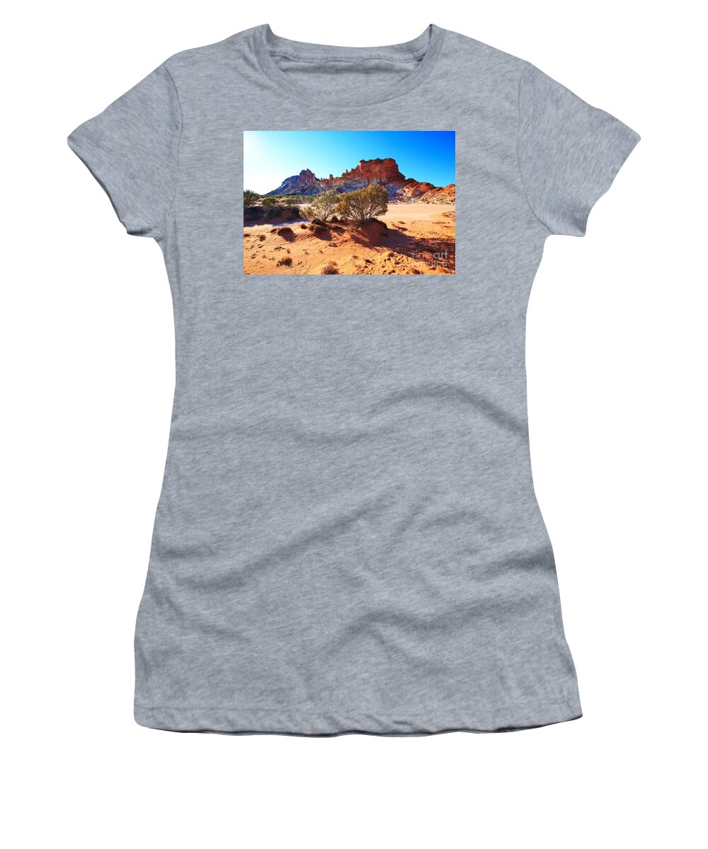 Rainbow Valley Sunrise Outback Landscape Central Australia Water Hole Northern Territory Australian Clay Pan Women's T-Shirt featuring the photograph Rainbow Valley #4 by Bill Robinson