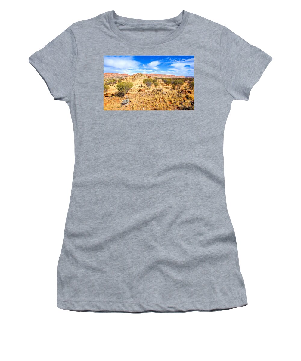 Central Australia Landscape Outback Water Hole West Mcdonnell Ranges Northern Territory Australian Landscapes Ghost Gum Trees Larapinta Drive Women's T-Shirt featuring the photograph West McDonnell Ranges Larapinta Drive by Bill Robinson